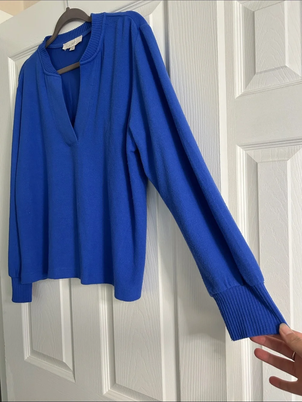 LOFT Cobalt Blue Split Neck Ribbed Cuff Knit Blouse Top Large